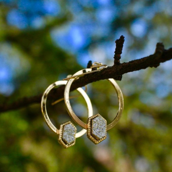 New Anthro Gold Druzy Sparkle Hoops Drop Earrings - Picture 3 of 12